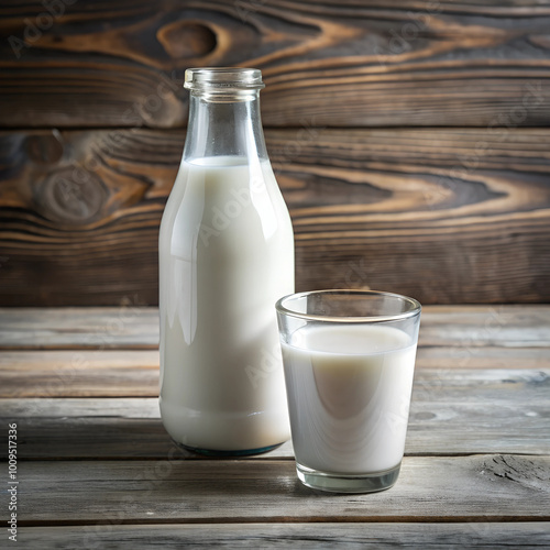 A glass bottle of fresh milk alongside a full glass is placed on a rustic wooden table, evoking a sense of simplicity and purity. photo