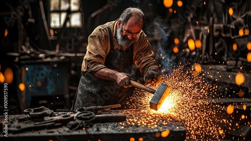 An experienced blacksmith crafting metal with precision, surrounded by sparks and the warmth of the forge in a rustic environment. photo