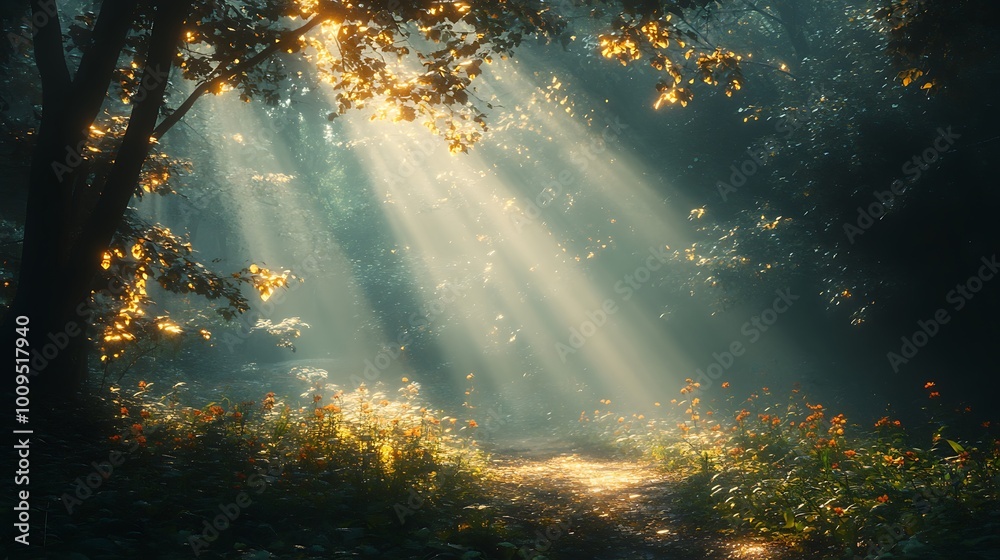 Sunlight beams through the canopy of a lush forest, illuminating a path and wildflowers on the forest floor. Sunlight beams through the canopy of a lush forest, illuminating a path and wildflowers on the forest floor.