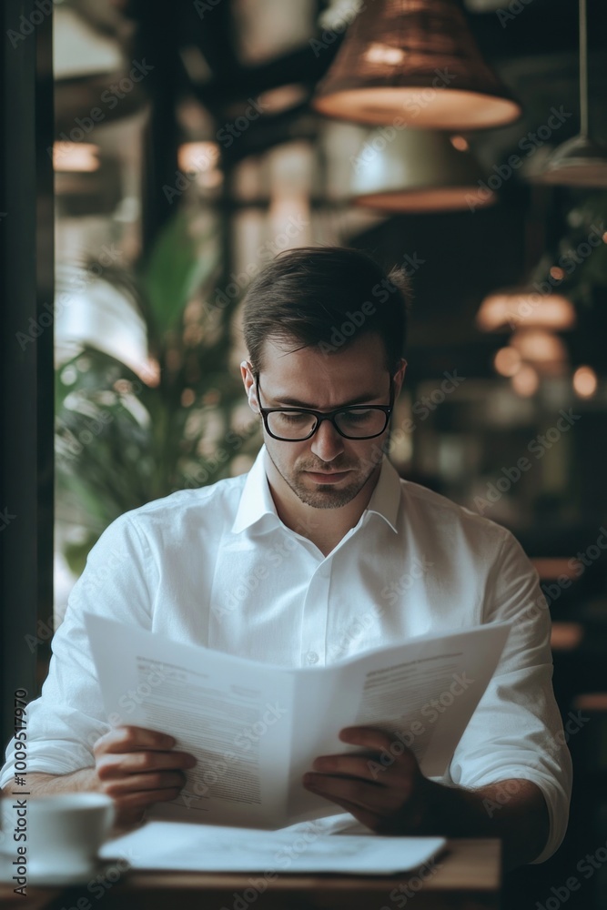 A man in glasses reading a menu at a caf?.
