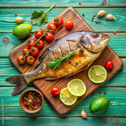 A perfectly grilled dorado fish is presented on a wooden board, accompanied by lime slices, cherry tomatoes, and fresh herbs, creating a flavorful seafood dish. photo