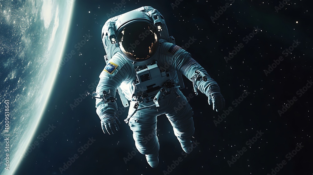 Intrepid astronaut drifting through space alongside brilliant colorful planet Intrepid astronaut drifting through space alongside brilliant colorful planet