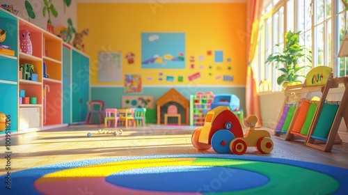 Bright and colorful children's playroom with toys, books, and cheerful decor, creating a fun learning environment.