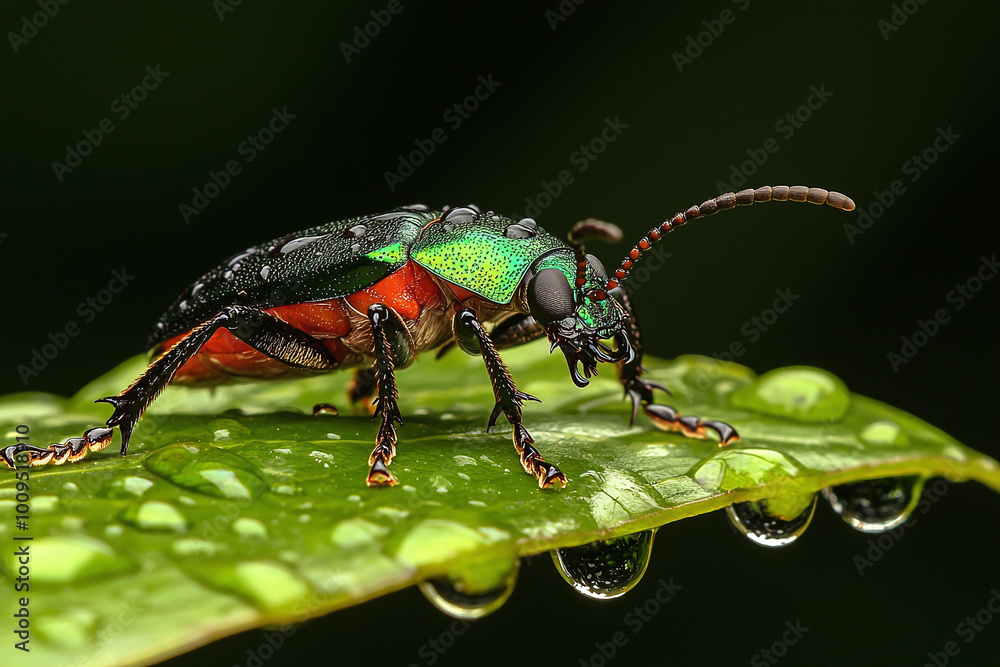 Naklejka premium a striking emerald beetle traversing a rainforest leaf, with water droplets