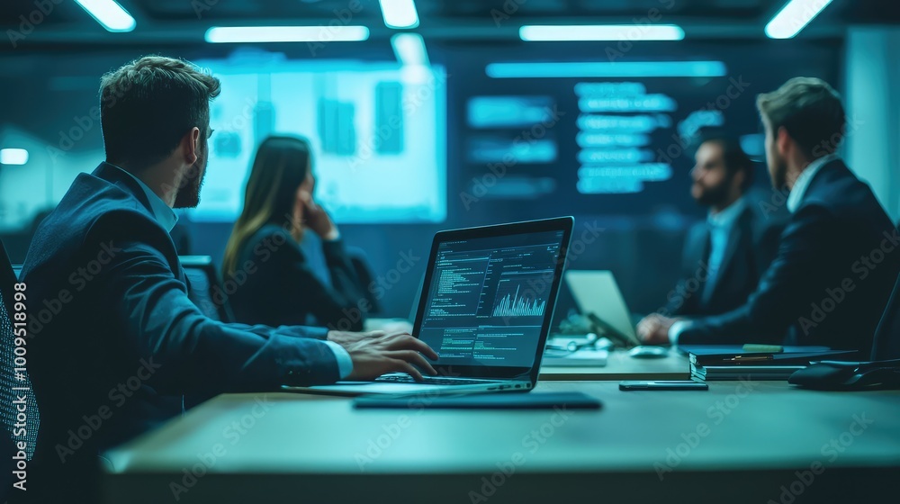 Business meeting in a modern office with data visualization on screen and professionals discussing strategies. Business meeting in a modern office with data visualization on screen and professionals discussing strategies.