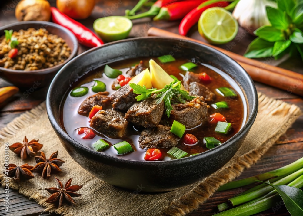 Traditional Rawon Dish: Rich Black Beef Soup with Aromatic Spices and Fresh Garnishes on Table Traditional Rawon Dish: Rich Black Beef Soup with Aromatic Spices and Fresh Garnishes on Table