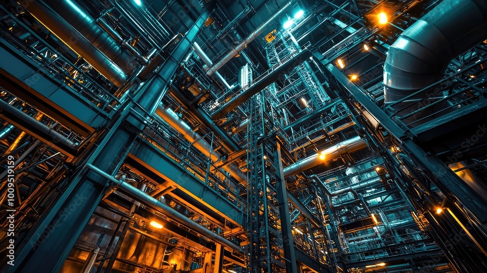 Captivating view of an industrial plant with intricate metal structures and glowing lights, showcasing modern engineering. Captivating view of an industrial plant with intricate metal structures and glowing lights, showcasing modern engineering.