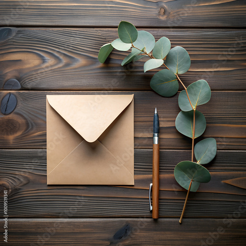 A simple, sealed envelope and a sleek pen resting on a wooden surface, accompanied by eucalyptus leaves for a natural touch. photo