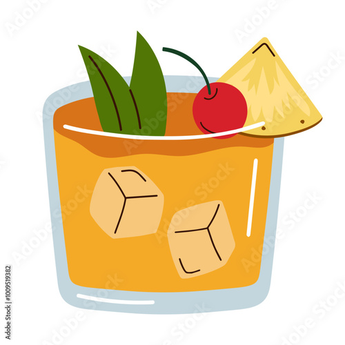 Cartoon cocktail isolated on white background. Vector illustration of mai tai cocktail. Hand drawn tropical drink in short glass.