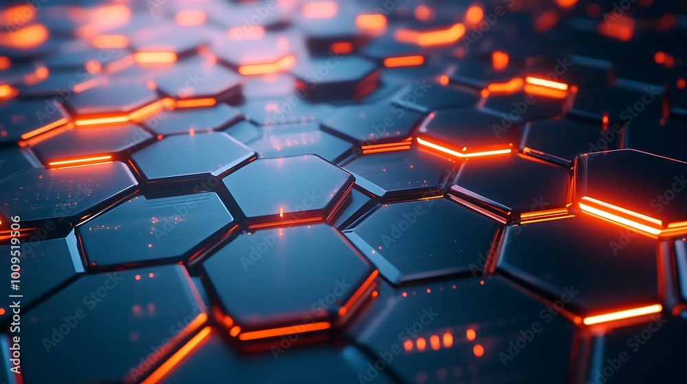 Fototapeta premium Intricate hexagonal grid with vibrant neon red lighting details design
