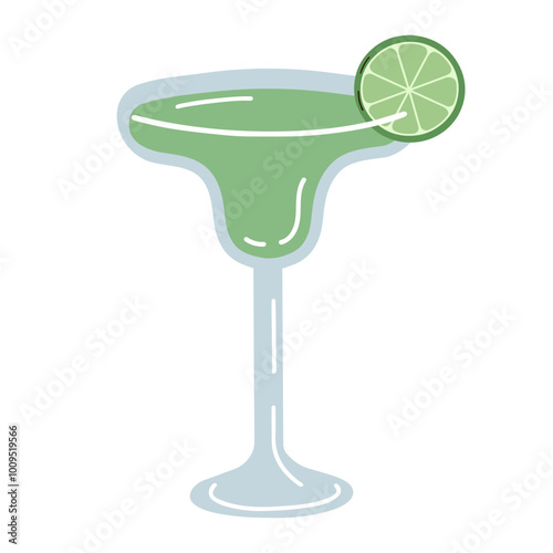 Cartoon margarita cocktail isolated on white background. Vector illustration of tropical cocktail. Hand drawn beverage with lime.