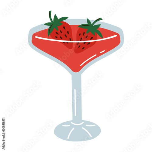 Cartoon strawberry daiquiri isolated on white background. Vector illustration of tropical strawberry cocktail. Hand drawn alcohol drink in fancy cup.