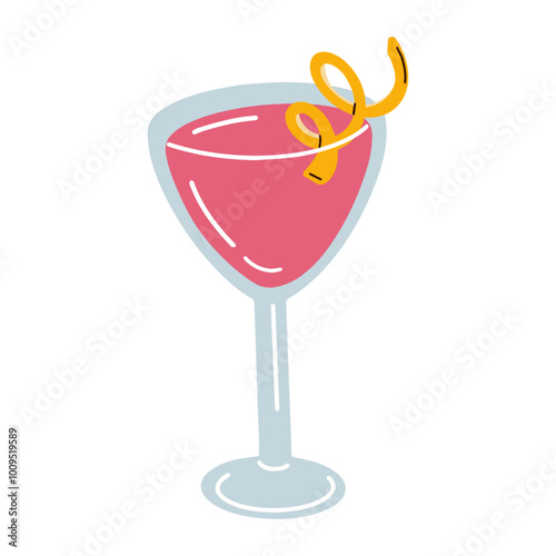 Cartoon cosmopolitan cocktail isolated on white background. Vector illustration of trendy cocktail. Hand drawn alcohol drink in martini cup.