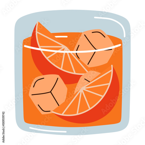 Cartoon orange cocktail isolated on white background. Vector illustration of juice, lemonade in short glass. Hand drawn summer drink with ice.