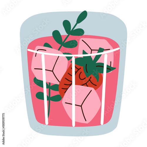 Cartoon pink cocktail isolated on white background. Vector illustration of strawberry lemonade in short glass. Hand drawn pink beverage with ice and strawberry.