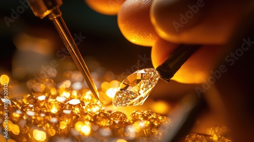 Close-up of a jeweler's hand carefully inspecting a sparkling diamond among shining gems and tools.