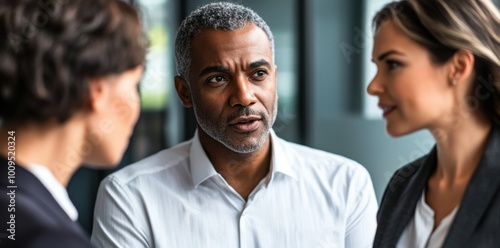 African American man in office listening during meeting, business discussion