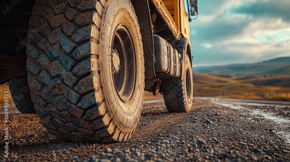 Close-up of a rugged tire on an off-road vehicle, highlighting the texture and tread pattern against a scenic mountain backdrop. Close-up of a rugged tire on an off-road vehicle, highlighting the texture and tread pattern against a scenic mountain backdrop.