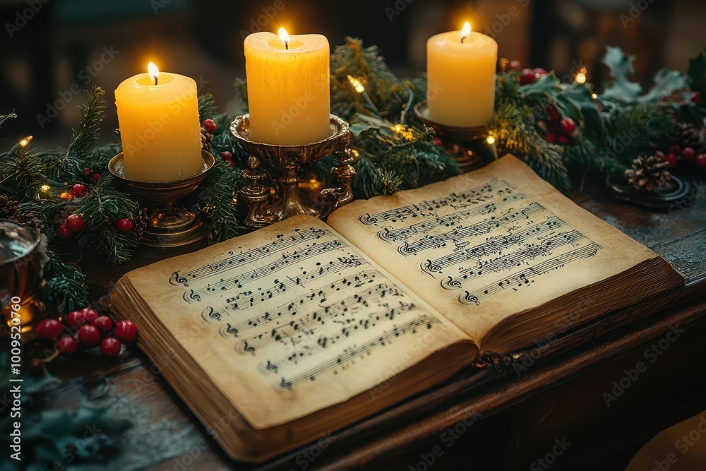 an ornate music sheet rests on a church table adorned with mistletoe and soft candlelight setting a serene mood for a christmas carol service