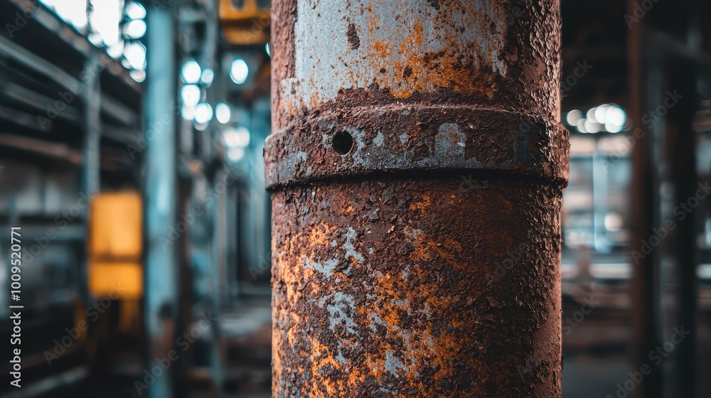 Close-up of a rusty industrial pipe in a warehouse, showcasing the texture and weathering of metal in an urban environment. Close-up of a rusty industrial pipe in a warehouse, showcasing the texture and weathering of metal in an urban environment.