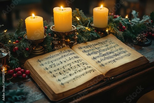 Obraz na płótnie an ornate music sheet rests on a church table adorned with mistletoe and soft candlelight setting a serene mood for a christmas carol service w salonie