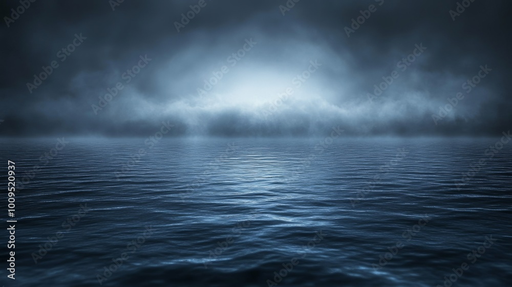 Moody Foggy Ocean Landscape with Dramatic Sky and Calm Water Moody Foggy Ocean Landscape with Dramatic Sky and Calm Water