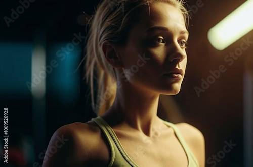 A young woman in athletic wear at the gym, bathed in dramatic lighting, displaying a focused and determined expression as she prepares for a workout. photo