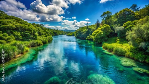 Tranquil Deep Sea River Flowing Through Lush Greenery Under Clear Blue Sky in a Serene Landscape