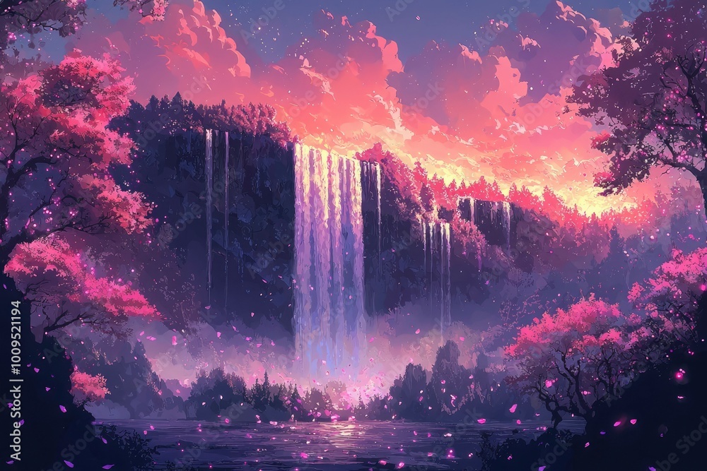 Fototapeta premium Serene Waterfall in a Forest at Sunset with Pink Blossoms