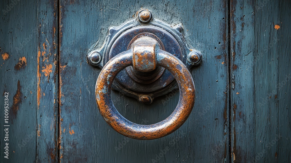 Close-up of an antique door knocker on a weathered blue door, highlighting its rustic charm and intricate design. Close-up of an antique door knocker on a weathered blue door, highlighting its rustic charm and intricate design.