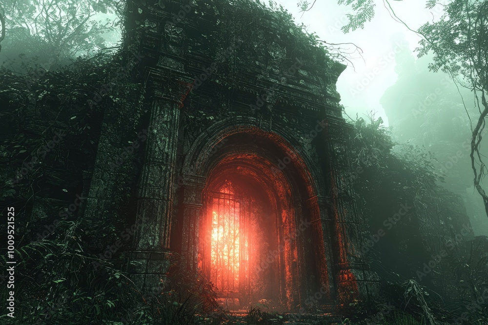 Fototapeta premium Ancient Stone Archway Leading to a Glowing Forest