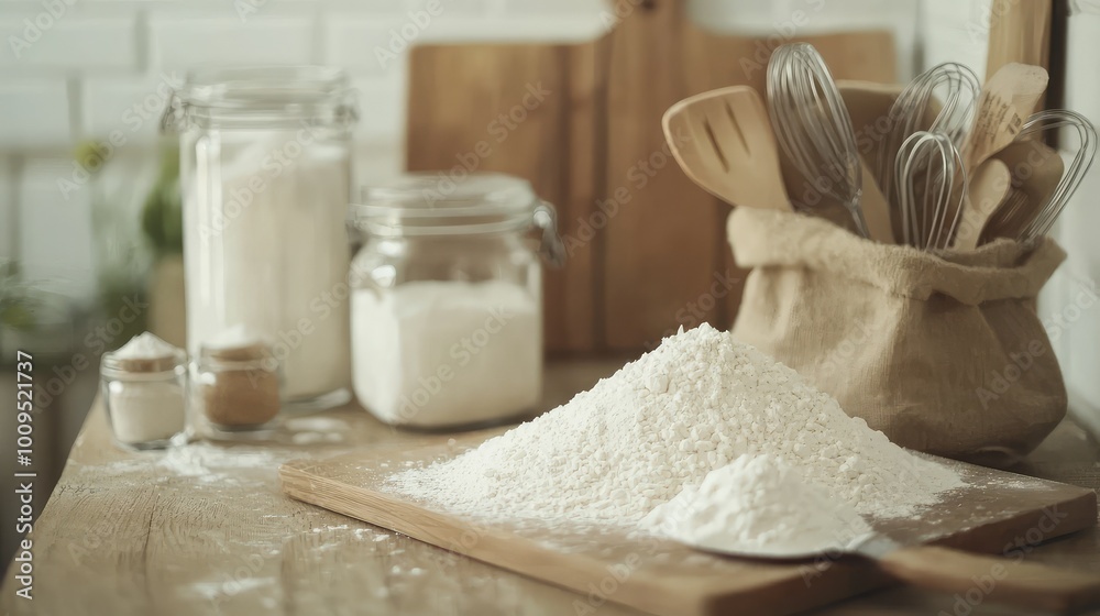 Close-up of flour on a wooden surface with baking tools and jars, perfect for cooking and baking themes in food photography.