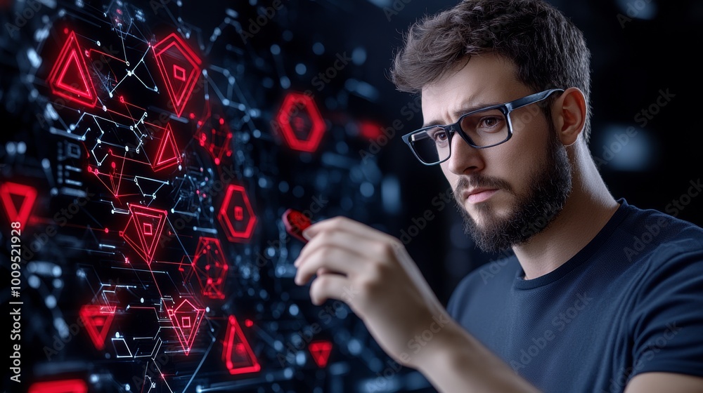 Man Analyzing Data on Digital Screen with Red Geometric Shapes Man Analyzing Data on Digital Screen with Red Geometric Shapes