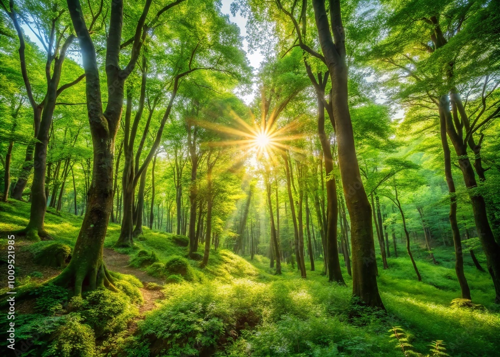 Fototapeta premium Tranquil Hokkaido Forest Landscape with Lush Greenery and Sunlight Filtering Through the Trees