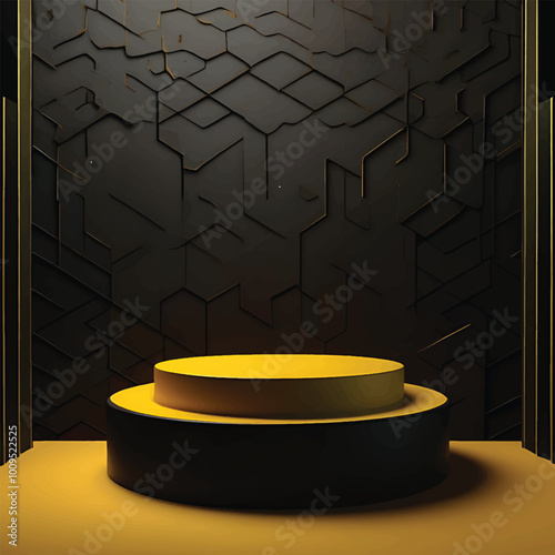 Black and yellow podium Dark background, 3d rendering product podium studio
