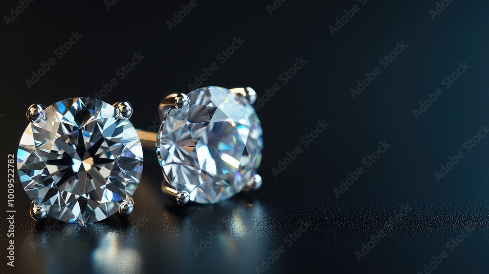 Close-up of sparkling diamond earrings, showcasing their brilliance and elegance against a dark background. Close-up of sparkling diamond earrings, showcasing their brilliance and elegance against a dark background.
