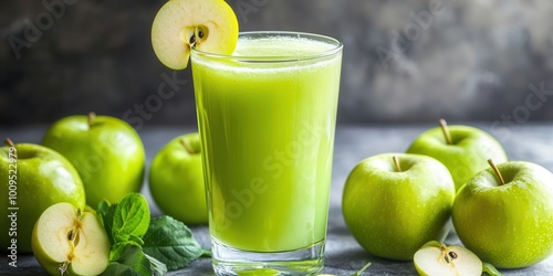 A refreshing glass of green apple juice surrounded by fresh apples and mint leaves.