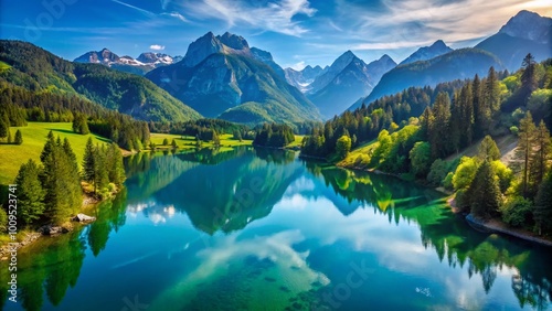 Tranquil Mountain Landscape with Lush Greenery and Clear Blue Sky Reflecting on Serene Lake