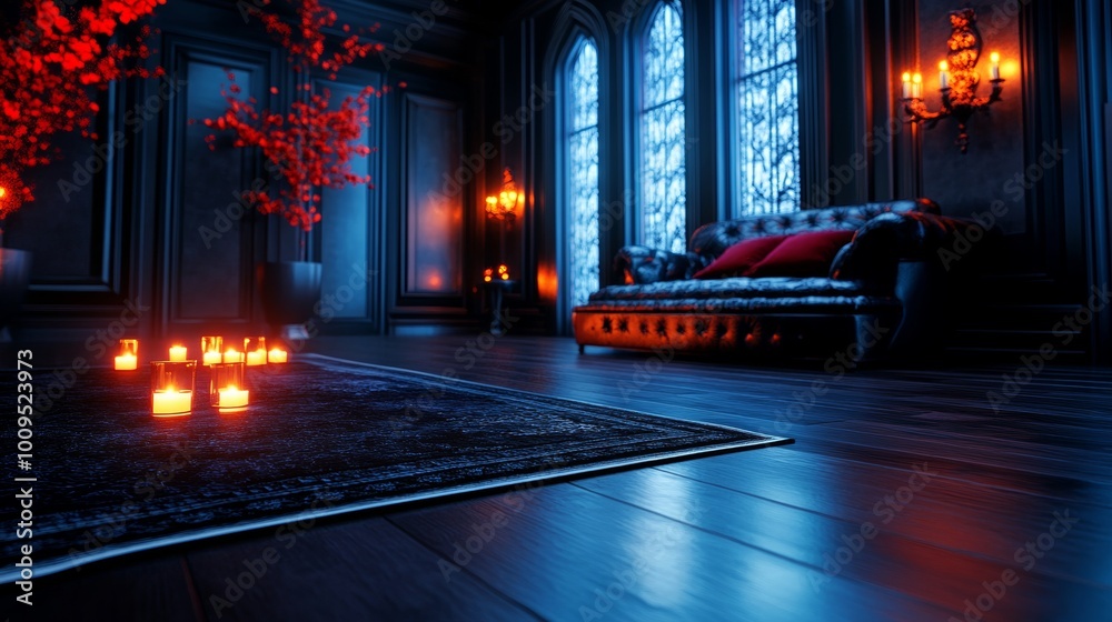 Dark Room Interior with Candles Rug Leather Sofa and Windows Dark Room Interior with Candles Rug Leather Sofa and Windows