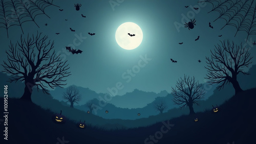 Halloween cemetery spooky moon pumpkins trees grey night