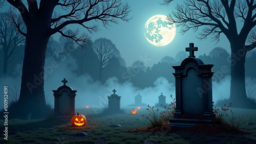 Halloween cemetery spooky moon pumpkins trees grey night
