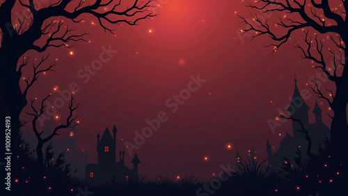 Halloween spooky trees castle red black background