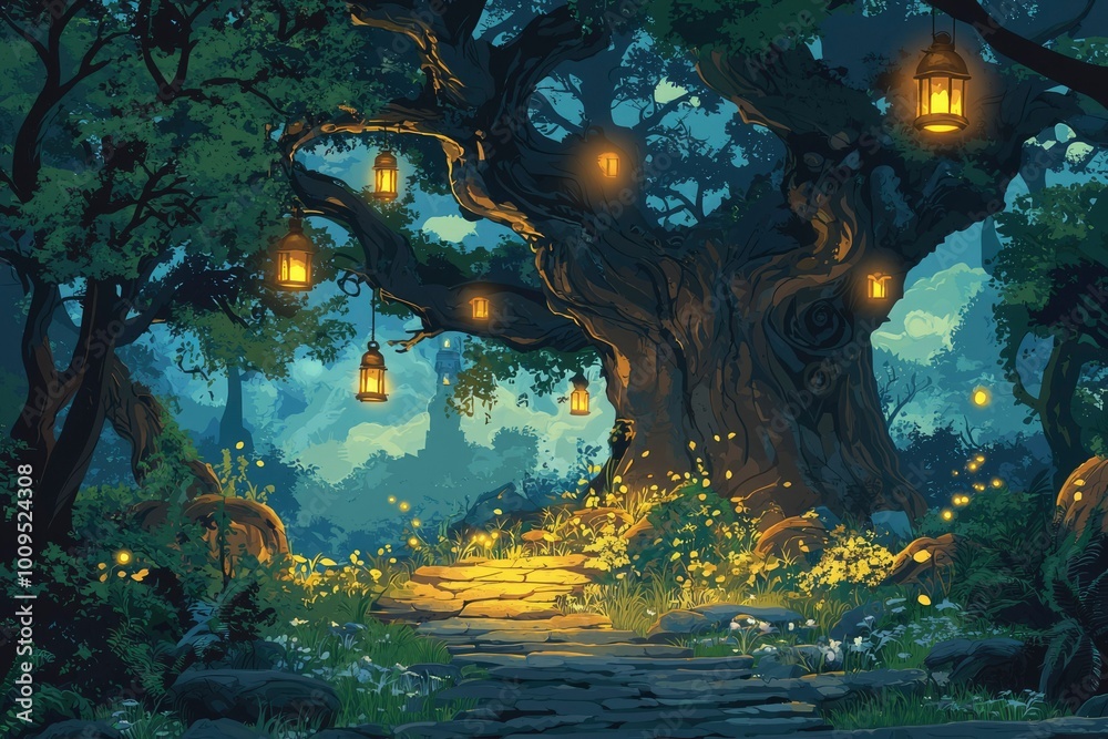 Enchanting Forest Path Illuminated by Lanterns Hanging from a Tree Enchanting Forest Path Illuminated by Lanterns Hanging from a Tree