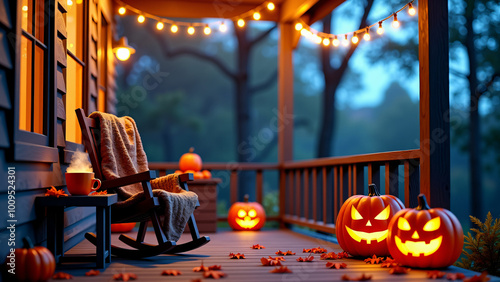 halloween jack-o-lantern pumpkins wooden chair autumn tea