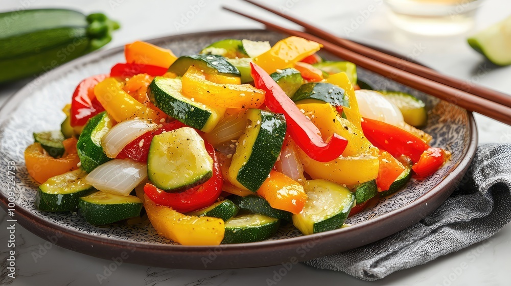 Colorful vegetable stir-fry featuring fresh zucchini, bell peppers, and onions in a savory sauce, ideal for healthy meals. Colorful vegetable stir-fry featuring fresh zucchini, bell peppers, and onions in a savory sauce, ideal for healthy meals.