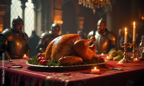 Medieval feast with roasted turkey and knights in armor