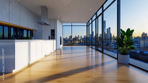 Modern Kitchen with City Skyline View and Wooden Floor