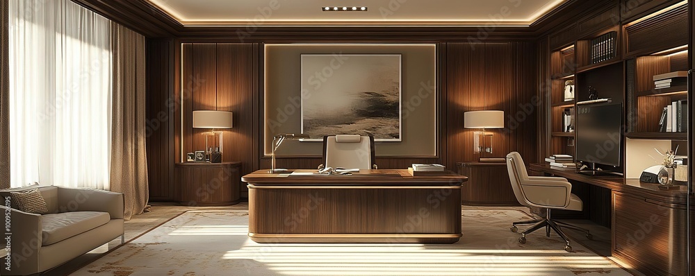 A luxurious office space featuring elegant furniture, warm wood tones, and modern decor, perfect for a professional setting. A luxurious office space featuring elegant furniture, warm wood tones, and modern decor, perfect for a professional setting.