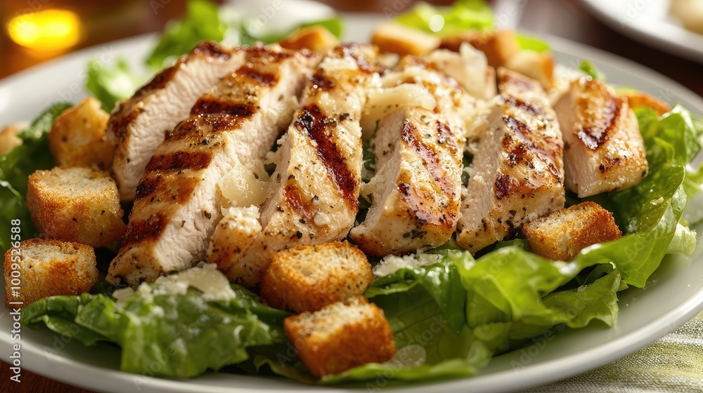 Delicious grilled chicken salad topped with croutons and fresh greens, perfect for a healthy meal or light lunch. Delicious grilled chicken salad topped with croutons and fresh greens, perfect for a healthy meal or light lunch.