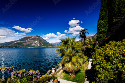A stunning view of Lake Como with vibrant greenery and palm trees in the foreground. The crystal-clear water and surrounding mountains bask in the bright blue sky and fluffy clouds